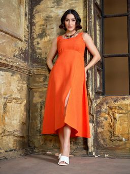 PURVAJA - Women Solid Orange Midi Dress