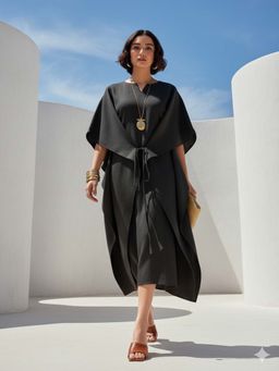 PURVAJA - Women Solid Black Tie Ups Midi Dress