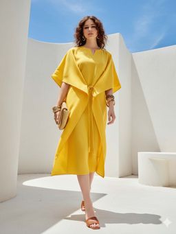 PURVAJA - Women Solid Yellow Tie Ups Midi Dress