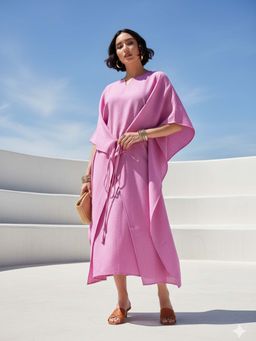 PURVAJA - Women Solid Pink Tie Ups Midi Dress