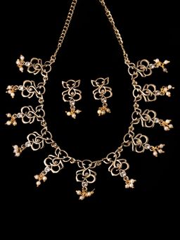 Estele - Gold Plated Antique Ganesh Textured Necklace Set with Austrian Crystals Pearls for Women