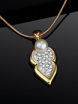 Estele - Gold Plated Leafy Shaped Pendant with Austrian Crystals and Pearl for Women