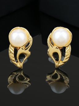 Estele - Gold Plated Leaf Stud Earrings with Pearl for Women/Girls