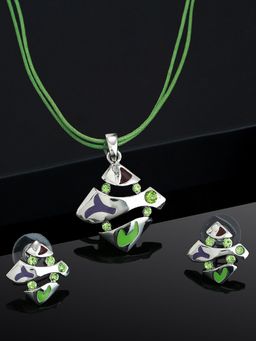 Estele - Rhodium Plated Square Shape Necklace Set with Enamel and Crystals for Women