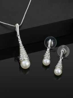 Estele - Rhodium Plated Sparkling Pearl Drop Necklace Set with Austrian Crystal for Women