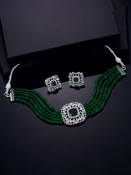 Estele - Rhodium Plated CZ Square Designer Emerald Choker Necklace Set for Women