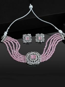 Estele - Rhodium Plated CZ Square Designer Choker Necklace Set for Women
