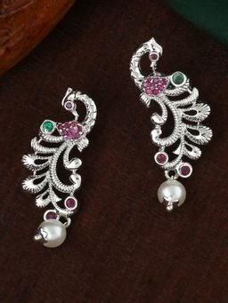 Estele - Rhodium Plated CZ Flair Peacock Designer Earrings for Women