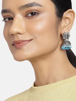 Estele - Rhodium Plated Oxidized Lotus Shape Jhumka Earrings for Women(Combo of 2 )