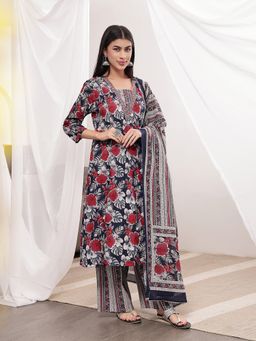 Zelena - Cotton Maternity Kurta & Pant With Dupatta - Zip Feeding - Navy Blue