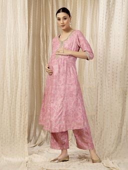 Zelena - Elegant Rayon Kurta With Pant - Zip Feeding, Pocket, Postpartum Wear - Pink