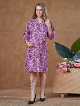 Lovely Mom's - Womens Lavender Floral Print Maternity And Nursing Knee-Length Rayon Dress