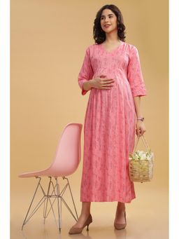 Lovely Mom's - Dual-Zip Printed Cotton Maternity And Nursing Western Dress