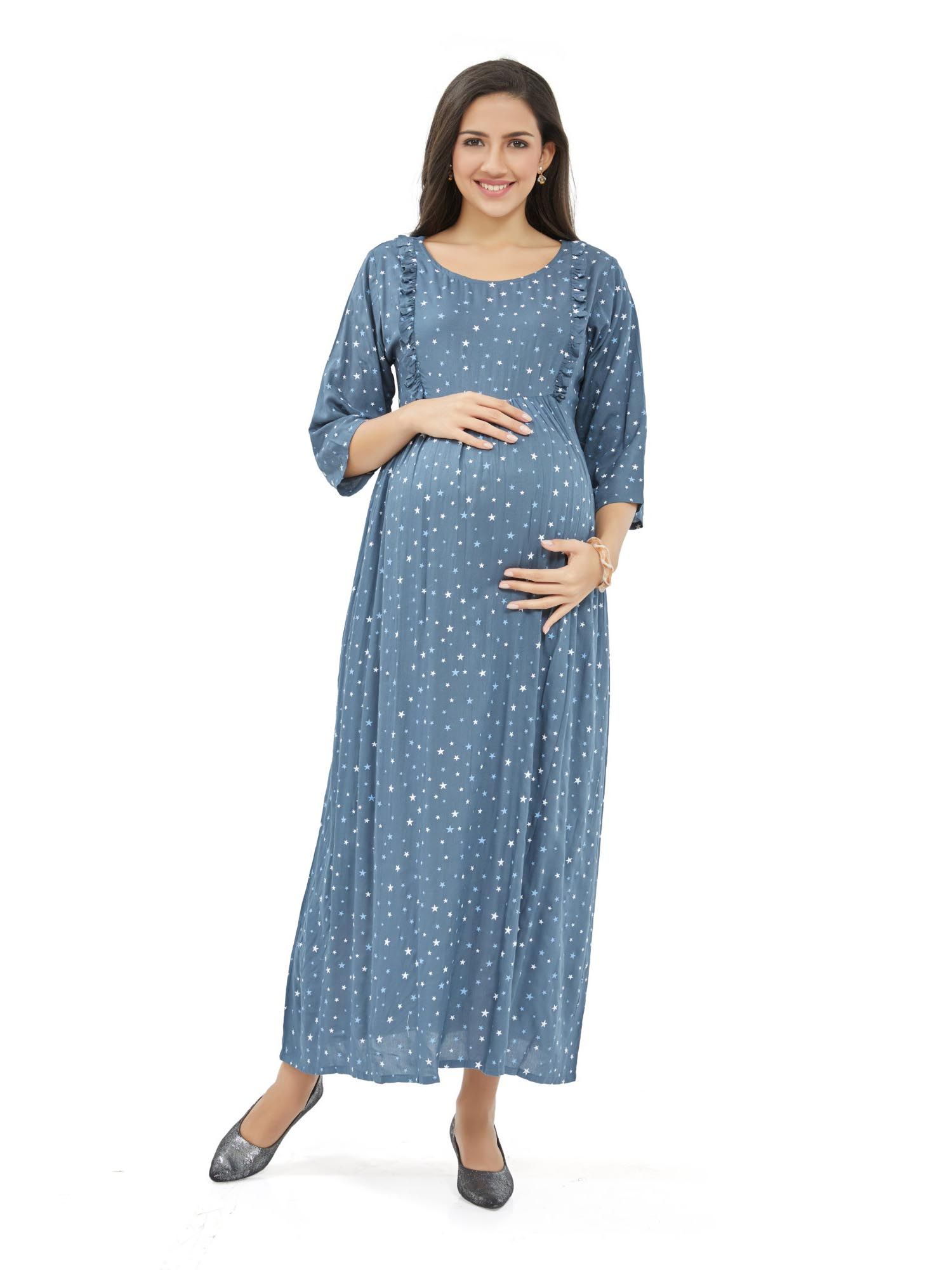 Dual-Zip Star Printed Cotton Maternity And Nursing Western Dress-image-13