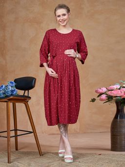 Lovely Mom's - Womens Maroon Printed Knee-Length Maternity And Nursing Dress With Belt