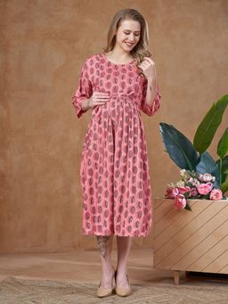 Lovely Mom's - Womens Peach Leaf Print Maternity And Nursing Knee-Length Dress With Belt