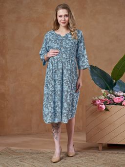 Lovely Mom's - Womens Sky Blue Printed Maternity And Nursing Dress