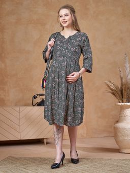 Lovely Mom's - Womens Grey Floral Print Maternity And Nursing Knee-Length Dress And Tie-Up