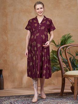 Lovely Mom's - Womens Maroon Floral Rayon Maternity And Nursing Dress