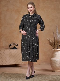 Lovely Mom's - Womens Black Paisley Print Maternity And Nursing Knee-Length Dress