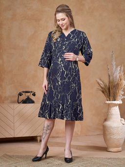 Lovely Mom's - Womens Navy Blue Maternity And Nursing Dress