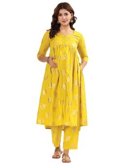 Putchi - Woven Cotton Round Neckline Button Manjari Co-Ord Set - Sunny Yellow