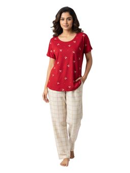 Putchi - Round Neck Short Sleeves Knitted Womens Cotton Printed Top & Pyjama - Crimson Red