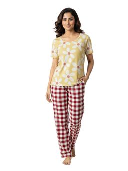 Putchi - Round Neck Short Sleeves Knitted Womens Cotton Printed Top & Pyjama - Sunshine Yellow