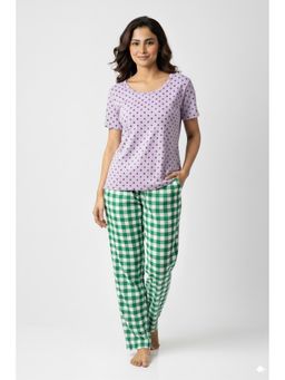 Putchi - Round Neck Short Sleeves Knitted Womens Cotton Printed Top & Pyjama - Lavendar Purple