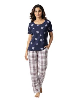 Putchi - Round Neck Short Sleeves Knitted Womens Cotton Printed Top & Pyjama - Indigo Blue