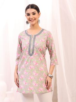 Zelena - Printed Rayon Maternity Top - Zip Feeding, Postpartum Friendly - Grey Floral