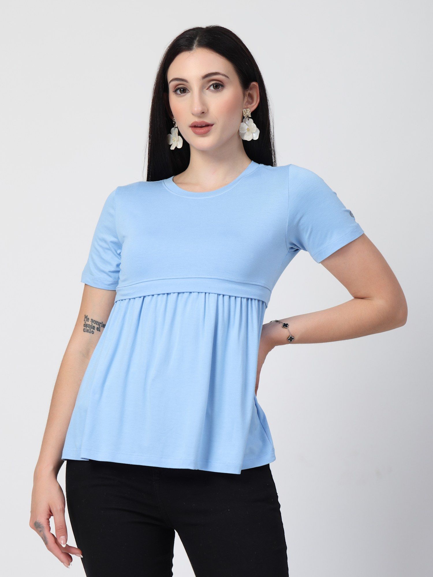 zelena Viscose Maternity Feeding Top - Zipless, Stretchable And Soft Nursing Wear - Ice Blue-picture-40