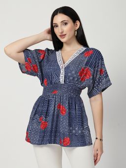 Zelena - Floral Rayon Maternity Top - Zipless Feeding, V-Neck Button Closure - Blue