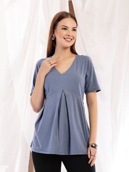 Zelena - Cotton Maternity And Nursing Top - V-Neck With Zips, Postpartum Wear -Blue