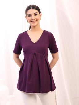 Zelena - Cotton Maternity And Nursing Top - V-Neck With Zips, Postpartum Wear - Plum