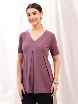 Zelena - Cotton Maternity And Nursing Top - V-Neck With Zips, Postpartum Wear - Rosewood