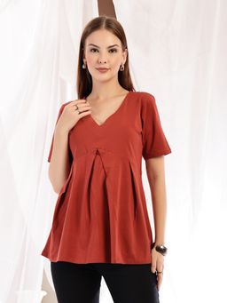 Zelena - Cotton Maternity And Nursing Top - V-Neck With Zips, Postpartum Wear - Rust