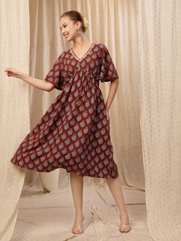 Zelena - Rayon Maternity Dress - Zip Feeding, Postpartum Wear - Brown Blue Floral