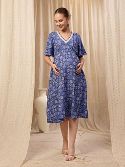 Zelena - Rayon Maternity Dress - Zip Feeding, Postpartum Wear - Blue Border Floral