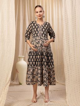 Zelena - Ethnic Cotton Maternity Kurti - Zip Feeding And Pocket, Postpartum Wear - Black
