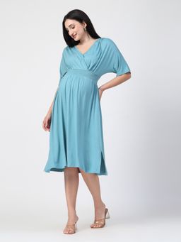 Zelena - Cotton Maternity Zipless Feeding Dress - Sea Green