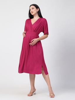 Zelena - Cotton Maternity Zipless Feeding Dress - Deep Rose