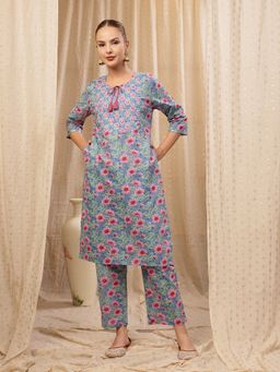 Zelena - Floral Cotton Kurta With Pant - Zip Feeding, Postpartum Wear - Sky Blue