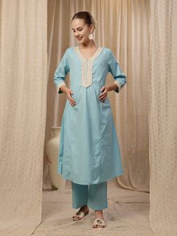 Zelena - Cotton Maternity Kurta With Pant - Lace Detailing, Pocket And Pants - Light Blue