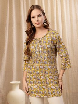 Zelena - Cotton Zipless Short Kurti - Embroidered Neck, Maternity And Nursing - Yellow