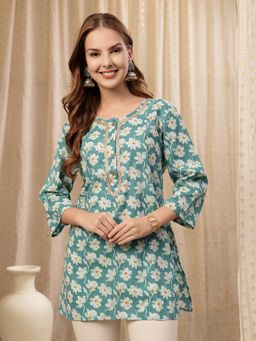 Zelena - Cotton Zipless Short Kurti - Embroidered Neck, Maternity Nursing - Floral Teal
