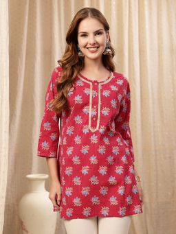 Zelena - Cotton Zipless Short Kurti - Embroidered Neck, Maternity Nursing - Red Booty