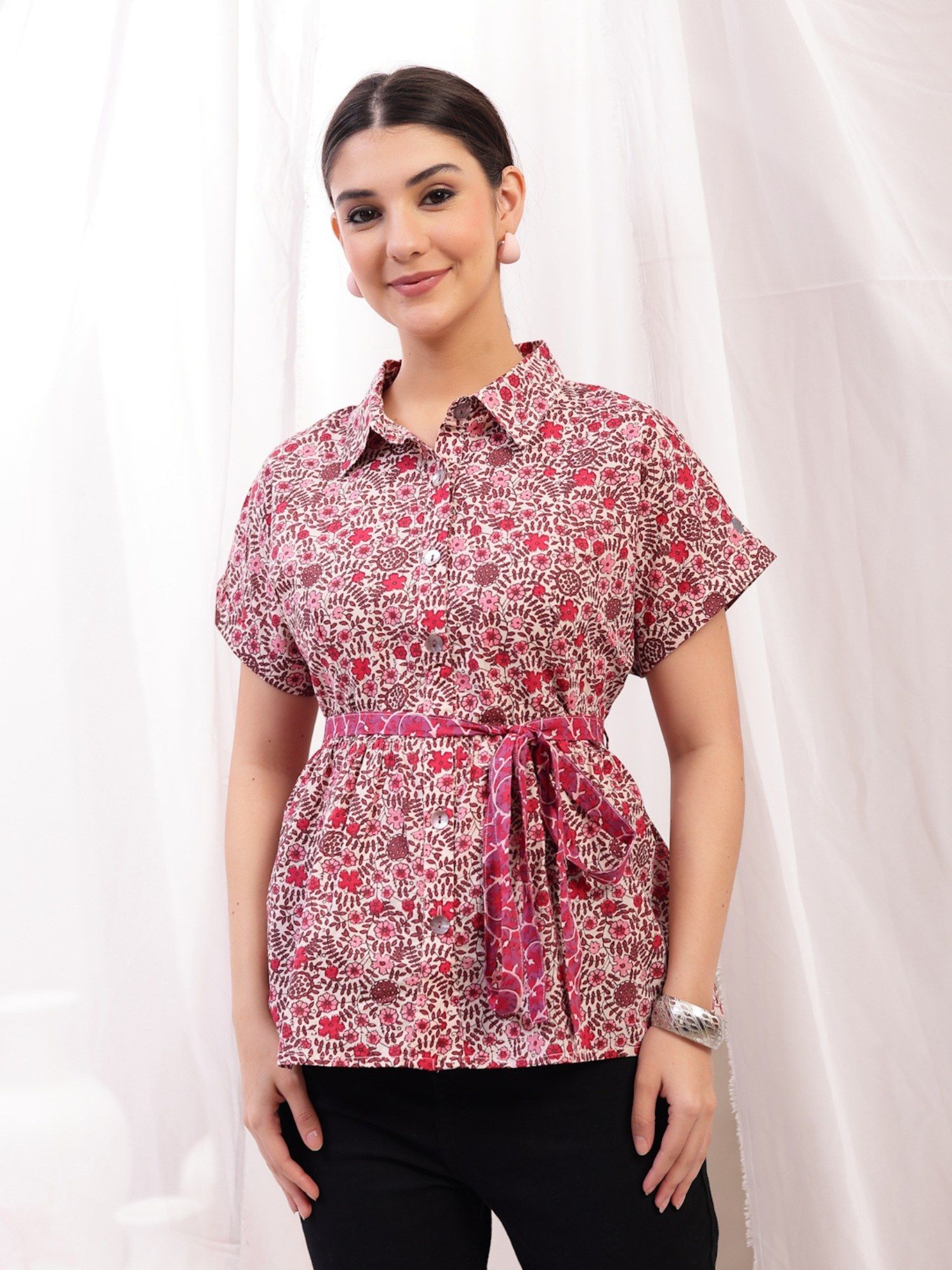 zelena Cotton Maternity Top - Zipless Feeding With Button And Belt - Multi-picture-25