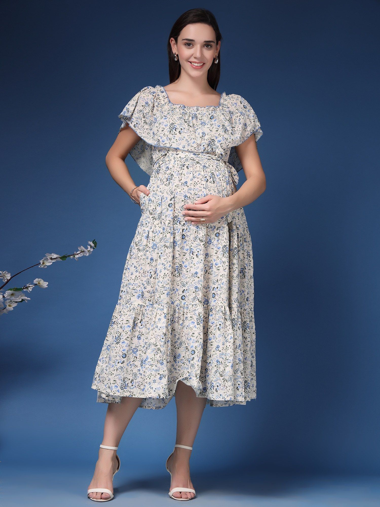 zelena Cotton Maternity Feeding Dress - Off White-picture-13