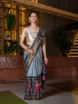 Beatitude - Navy Blue Pink Silk Blend Patola Saree with Unstitched Blouse